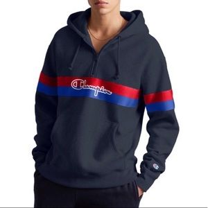 Champion Reverse Weave Yarn Dye Half Zip Hoodie Pullover Navy Red